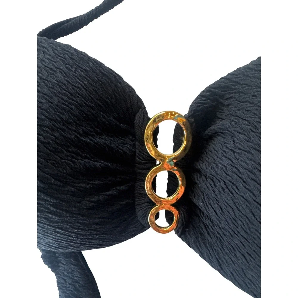 Trina Turk Bikini Top Women 6 Black Textured Gold Ring Halter Swim